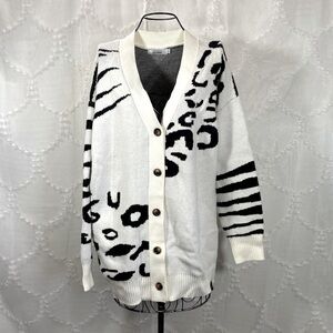 Belinda white button up cardigan with black animal print details size L